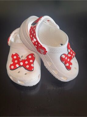 Kids Disney White Croc Shoes with Red Polka Dot Bows Size C5